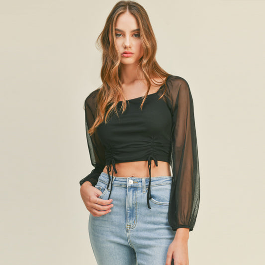 Square Neck Long Sleep Mesh Top