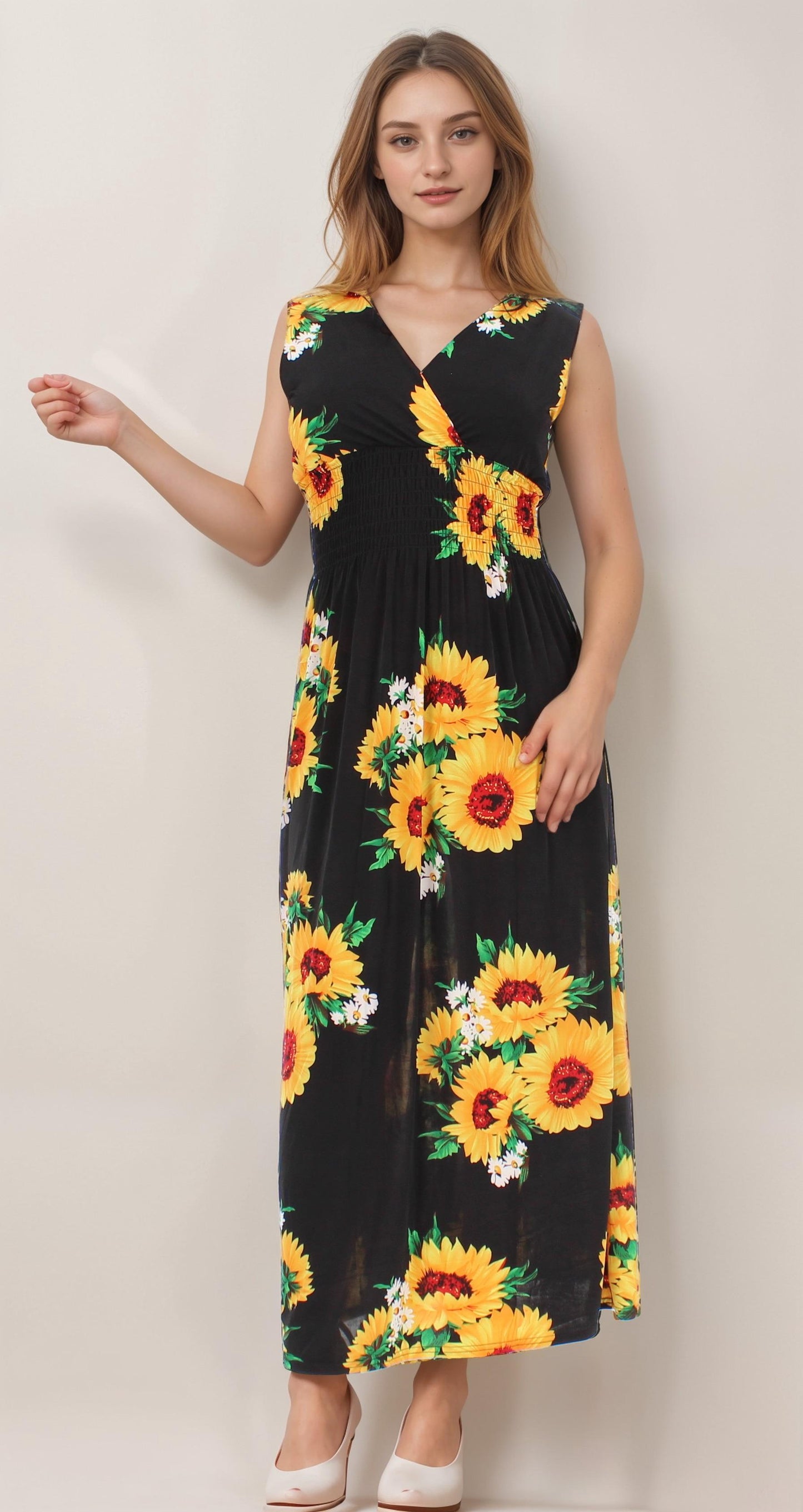 Split Neck Sunflower Maxi Dress