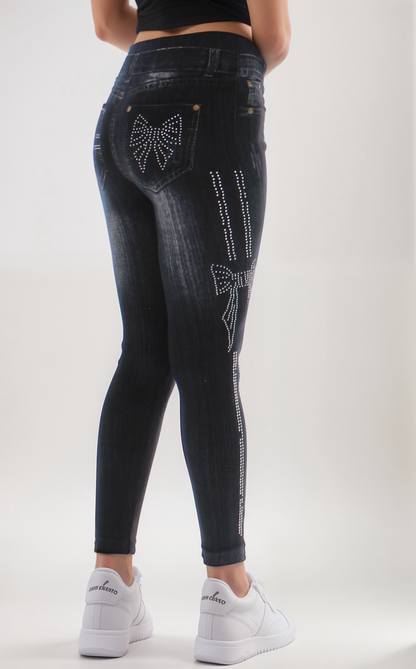 Rhinestone Fleece-Lined Black Wash Denim Leggings