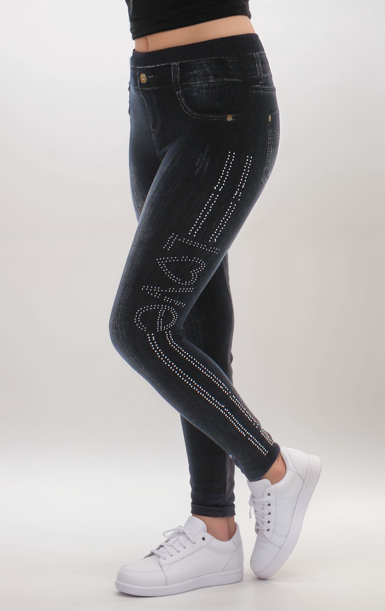 Rhinestone Fleece-Lined Black Wash Denim Leggings